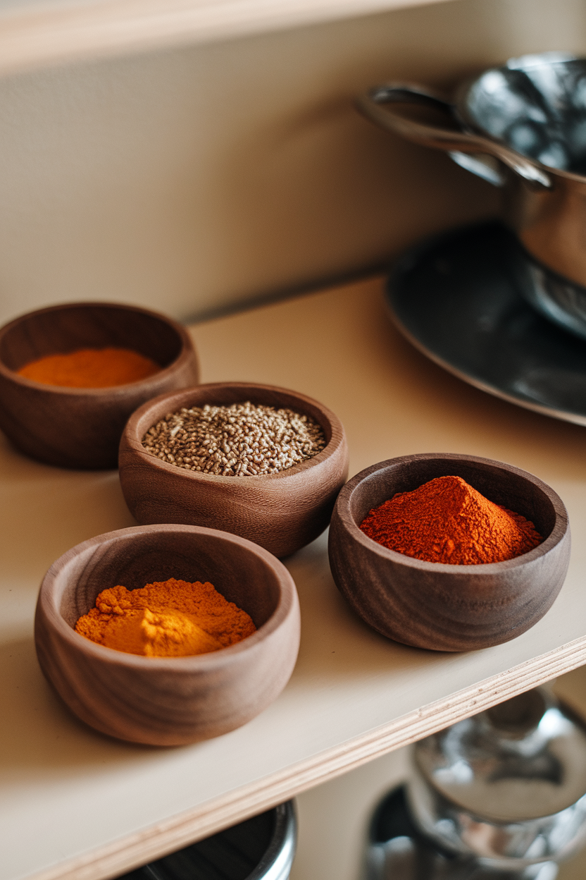 Indoor photo of small wooden bowls containing turmeric, cumin, and smoked paprika on a kitchen shelf; no text or logos