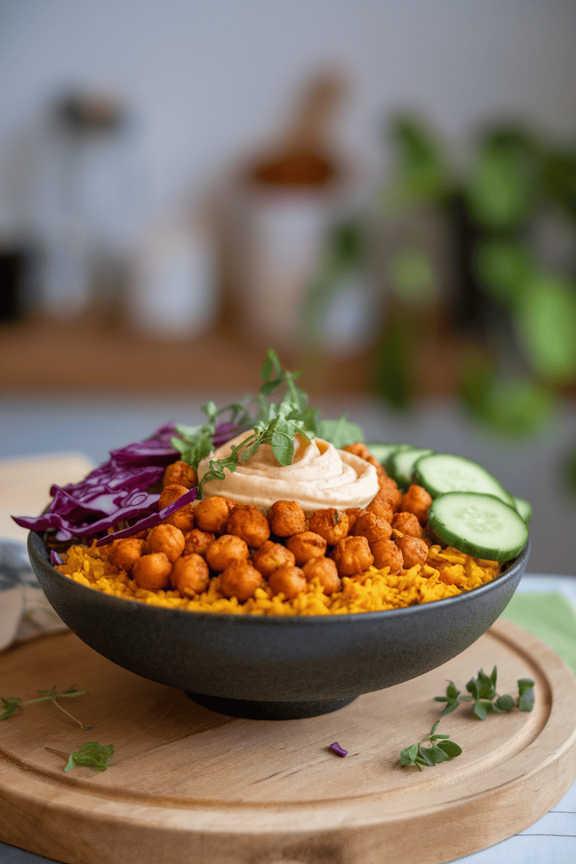 Indoor bowl with turmeric rice topped by spiced roasted chickpeas, purple cabbage, cucumbers, and garlic sauce swirl. No branding.