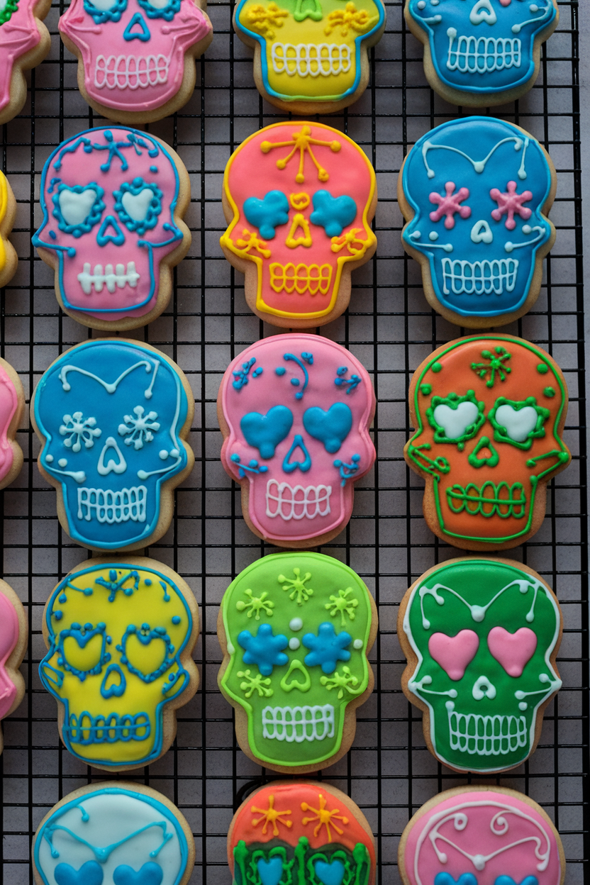Indoor baking rack of brightly iced skull-shaped sugar cookies, intricate piped designs in assorted colors, no text or logos. Photo.