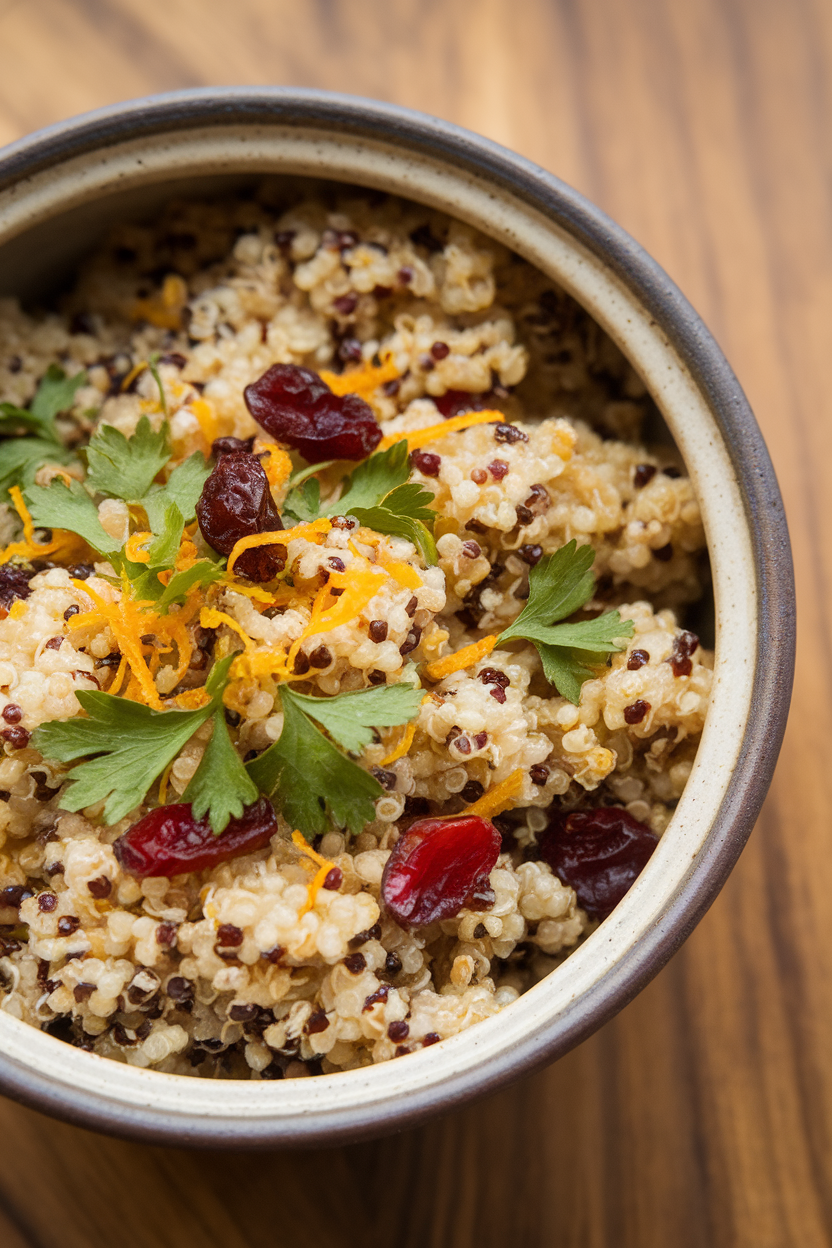 Indoor ceramic bowl of fluffy tri-color quinoa dotted with parsley, orange zest, and dried cranberries. Photo, no text or logos.