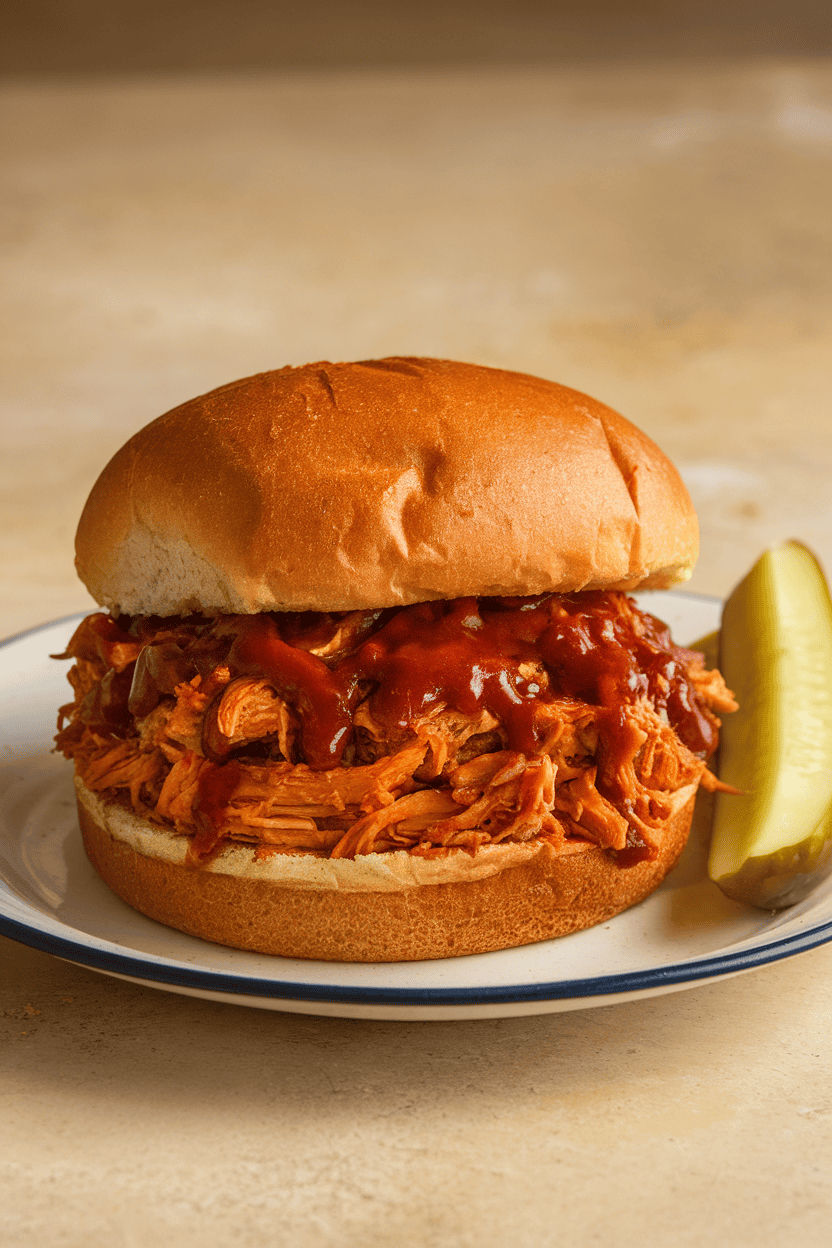 An indoor countertop showing pulled jackfruit coated in barbecue sauce piled on hamburger buns with a side of pickles. No text or logos; photo.