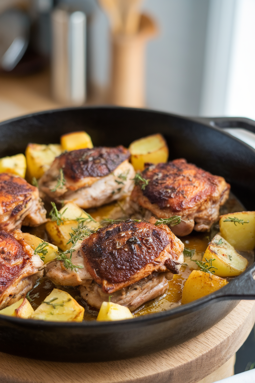An indoor cast-iron skillet loaded with browned chicken thighs and golden potato cubes glazed in lemony herb sauce. No branding; photography only.