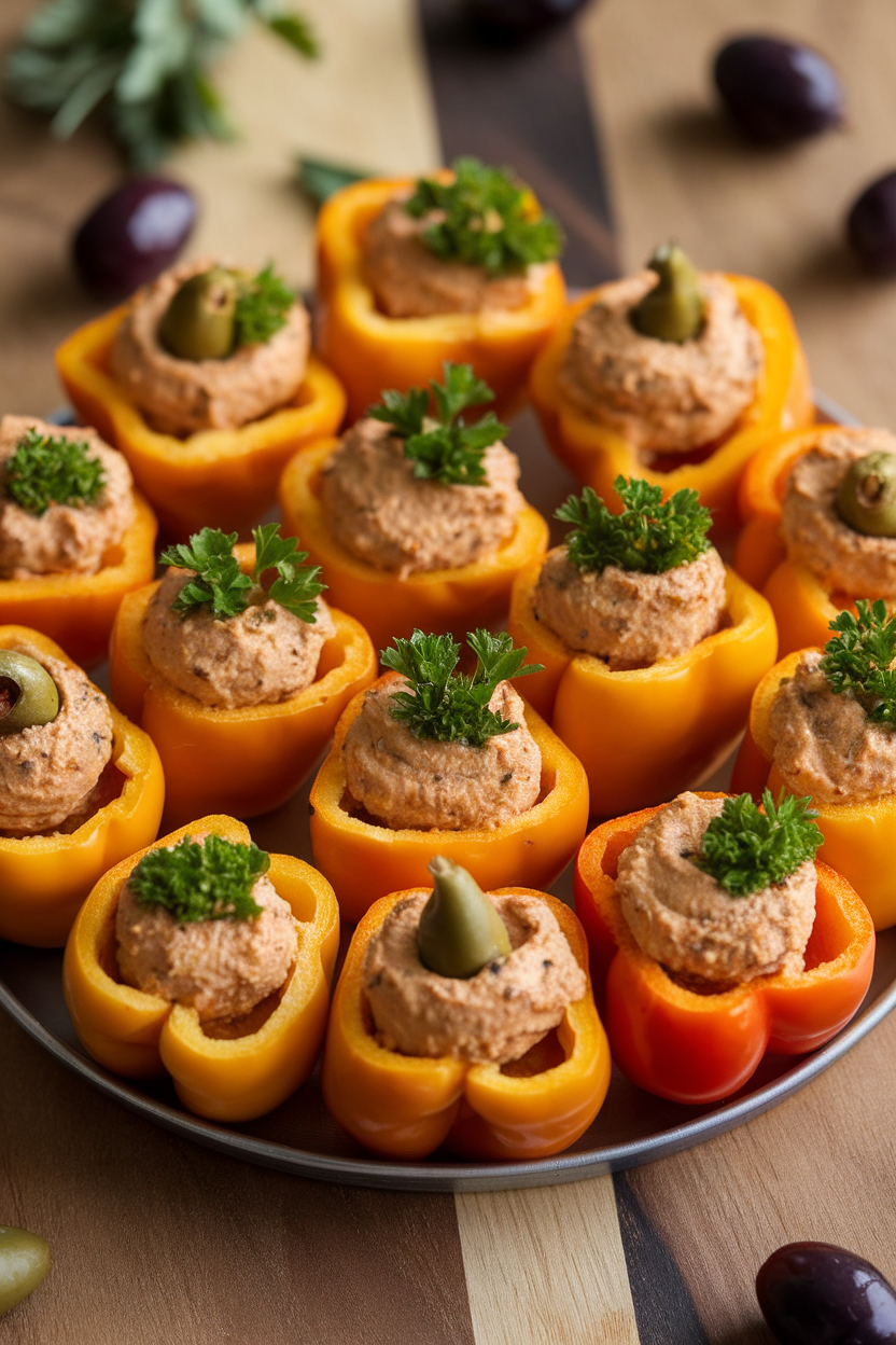 Photo of hollowed mini orange peppers filled with hummus, parsley stem, indoor platter. No text or logos.