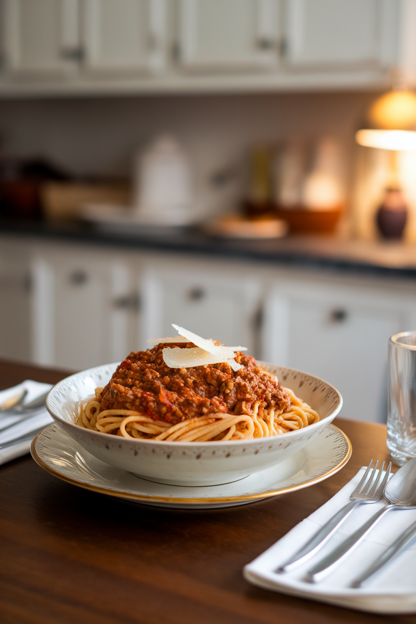 An indoor dinner table with a bowl of whole-wheat spaghetti coated in a rich beef and lentil Bolognese sauce, parmesan shavings on top. No text or logos present; photo only.