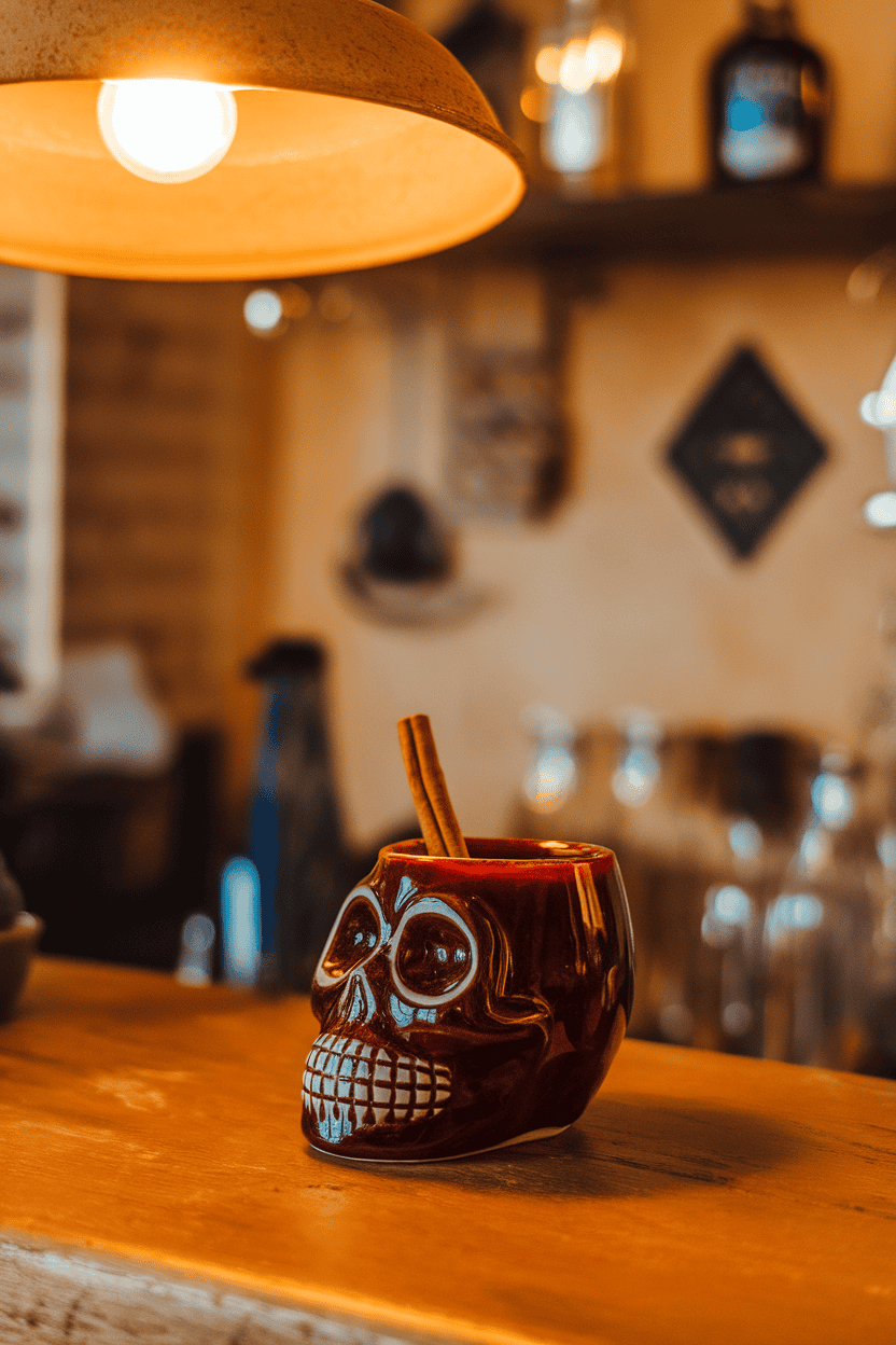 Indoor tequila bar with small skull-shaped ceramic cup of deep red sangrita, cinnamon stick protruding, warm lamp light; no text or logos.