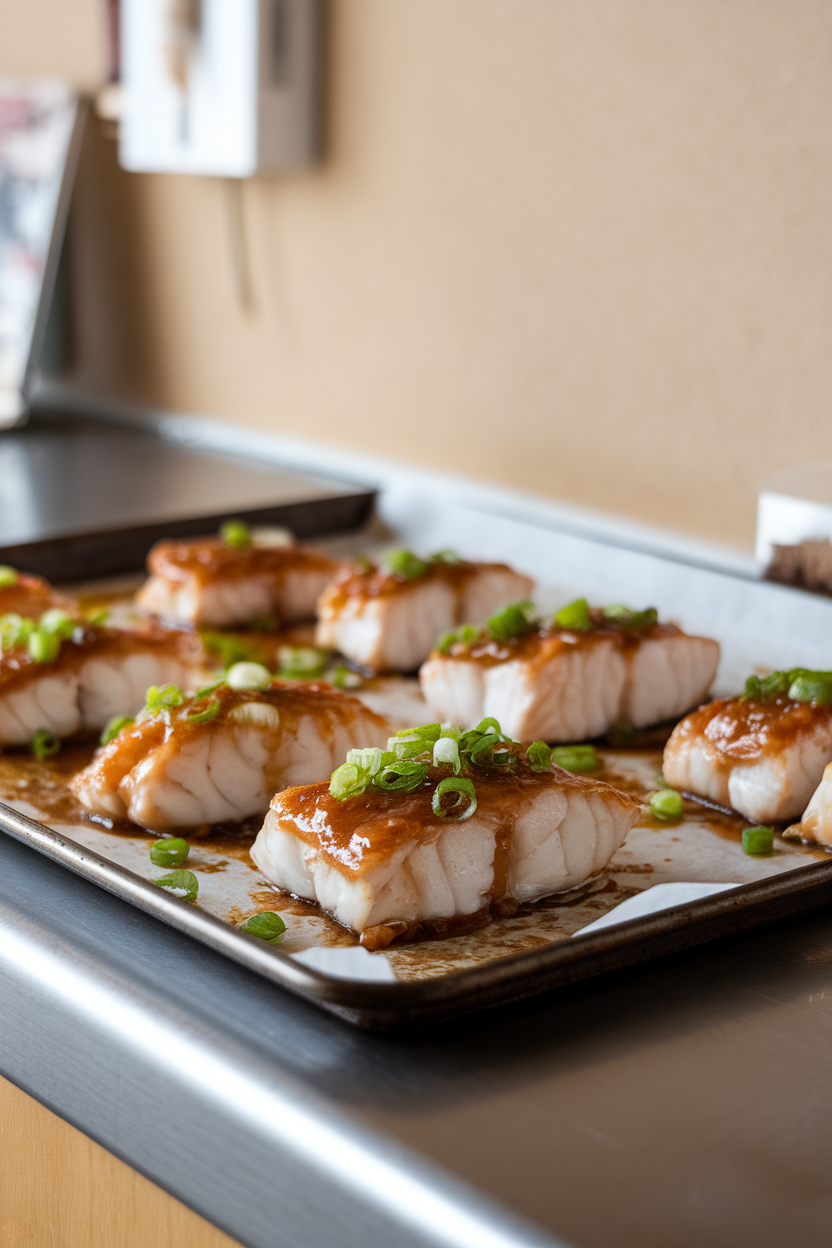 A baking sheet on an indoor counter featuring cod fillets coated in caramelized miso glaze and sprinkled with green onions. No logos or text, photo only.