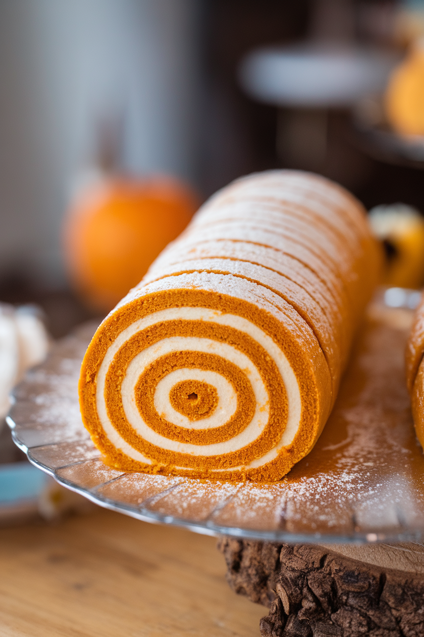 An indoor cake platter showcasing a spiral pumpkin roll dusted with powdered coconut milk, creamy filling visible in tight swirls. No text or logos.