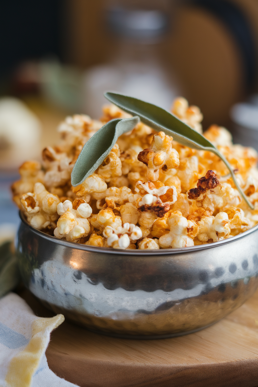 Indoor photo of a metal bowl filled with popcorn coated in brown butter and fried sage leaves; soft, warm light, no text or logos.