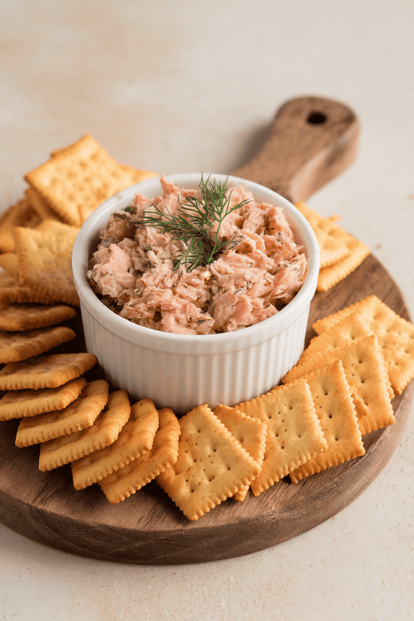 Photo of a ramekin filled with tuna dip garnished with dill, crackers on the side, indoor light, no text or logos.