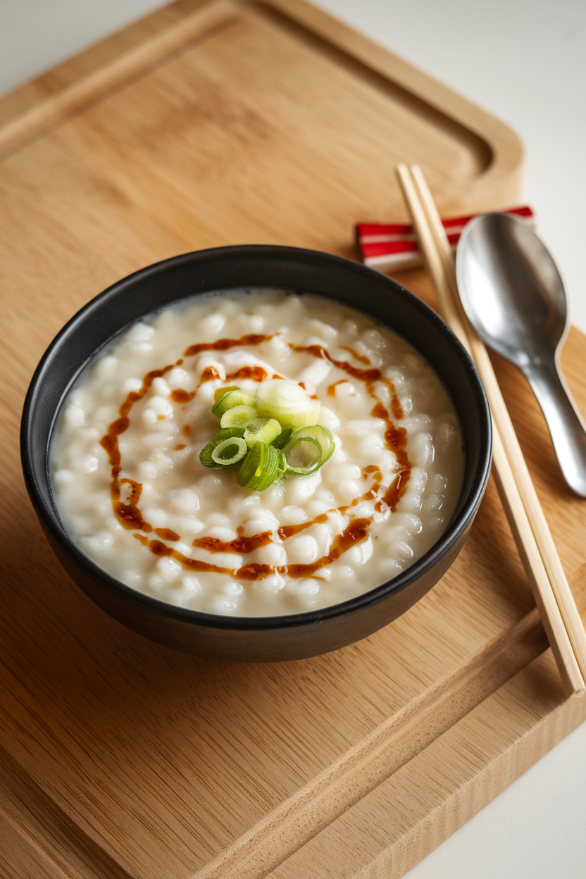 An indoor soup bowl filled with creamy rice congee garnished with sliced scallions and a drizzle of chili oil. Photo only, no text or logos.