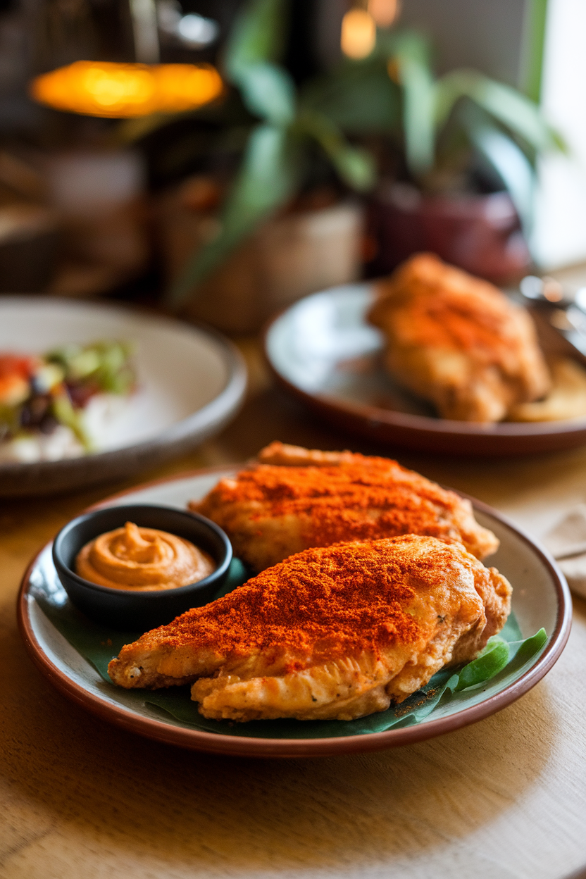 Indoor tapas bar setting with fried chicken breasts dusted in smoky Spanish paprika, small dish of saffron aioli, photo only, no text or logos