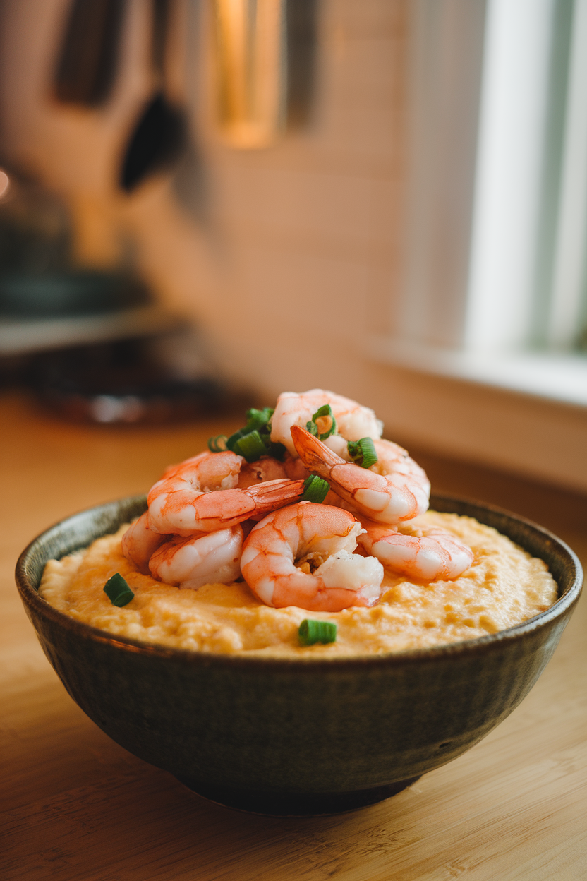 Bowl of cooked shrimp atop creamy cheddar grits, garnished with scallions, shot indoors. No text or logos. Photo.