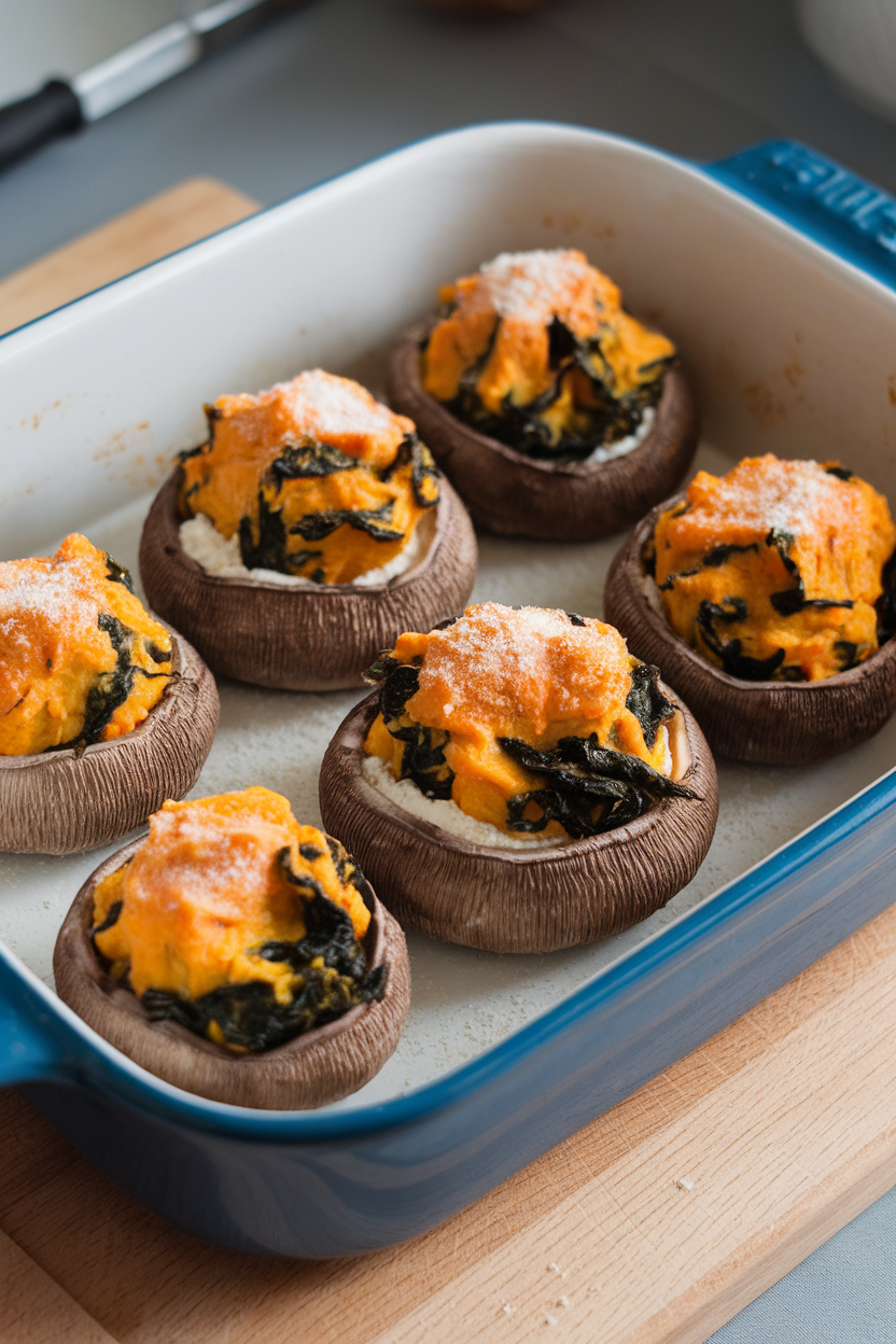 An indoor ceramic baking dish with portobello caps overflowing with pumpkin, spinach, and ricotta filling, tops dusted with Parmesan. No text or logos. Photo, not illustration.
