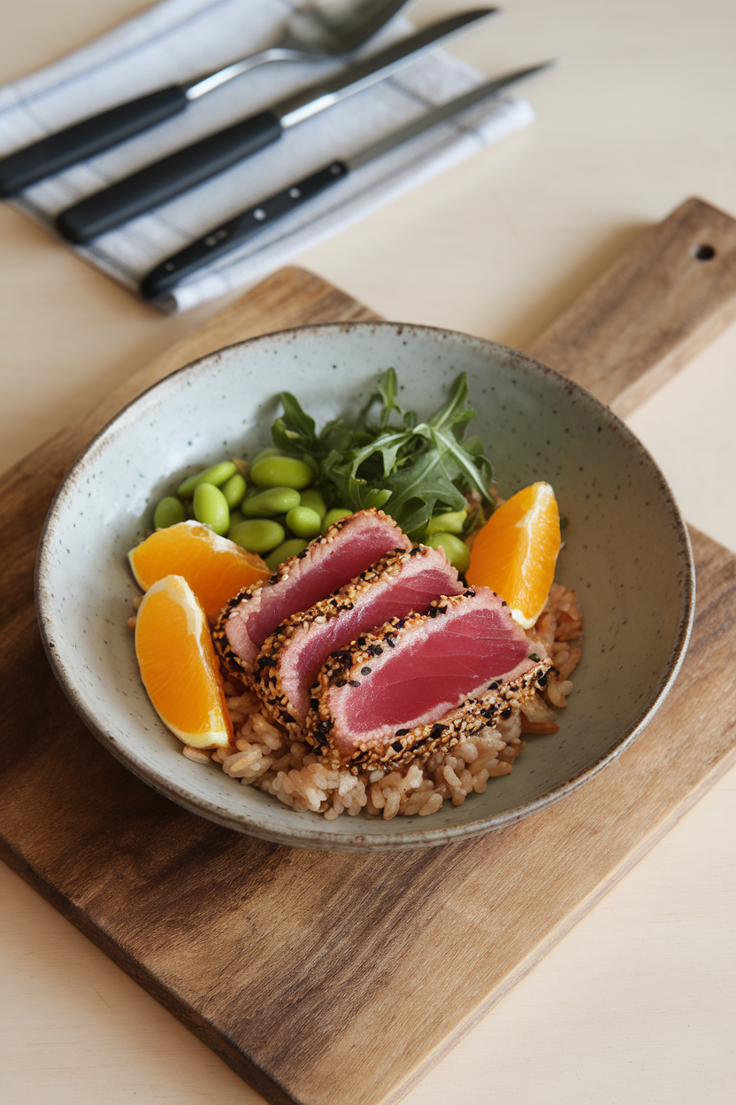 Indoor photo showing a shallow bowl with sesame-crusted seared tuna slices over brown rice, accompanied by orange segments, edamame, and baby arugula. No logos or text visible.
