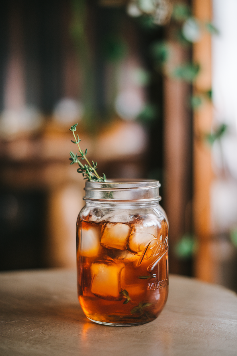 Photo of a mason jar glass indoors, holding iced sweet tea with bourbon, thyme sprig garnish, and plenty of cubes. No text or logos visible.