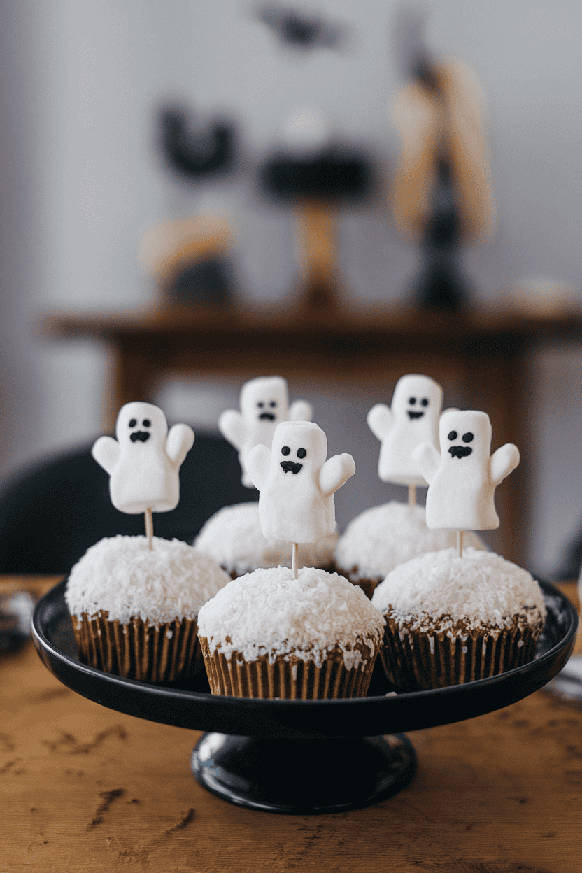 Indoor image of white coconut-covered cupcakes with marshmallow ghost toppers, captured on a black plate for contrast; no text or logos
