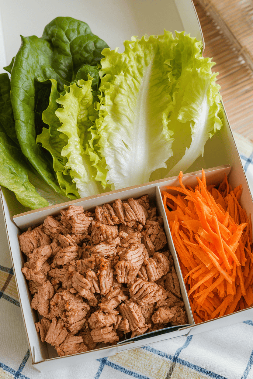 Indoor image of ground chicken cooked with ginger and soy, separated butter-lettuce leaves, and shredded carrot in a compartment box; no text or logos.