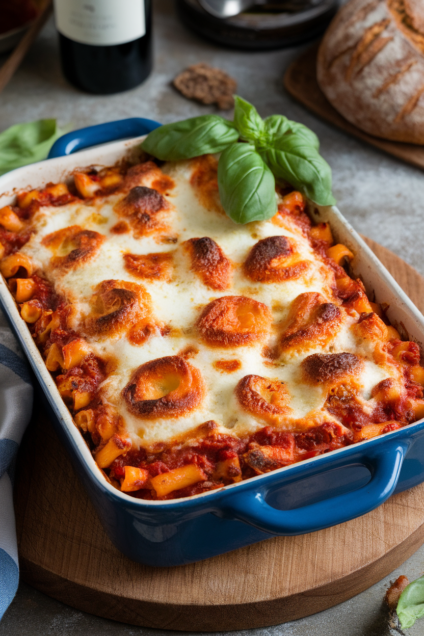 Casserole dish of bubbling baked ziti with browned mozzarella, served indoors. No text or logos. Photo.