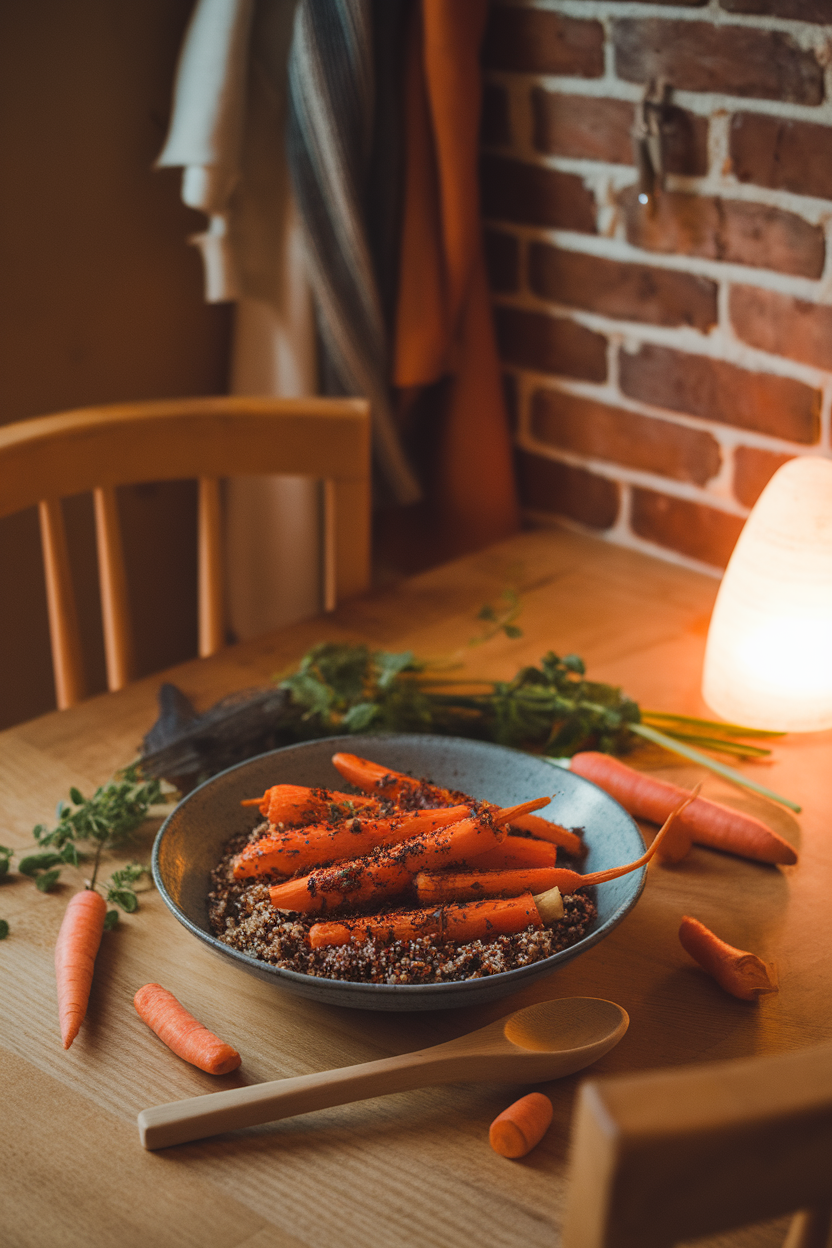 Warmly lit indoor scene of roasted carrot sticks dusted with harissa resting on quinoa in a shallow bowl; no visible text or logos.