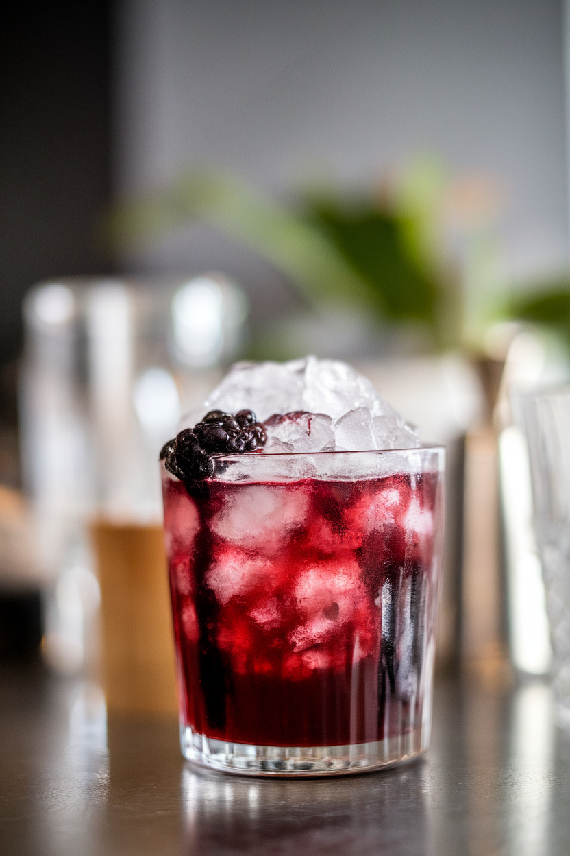 Indoor craft bar with rocks glass of gin bramble, crushed ice piled high, blackberry purée cascading down like dark syrup. No logos or text. Photo, not illustration.