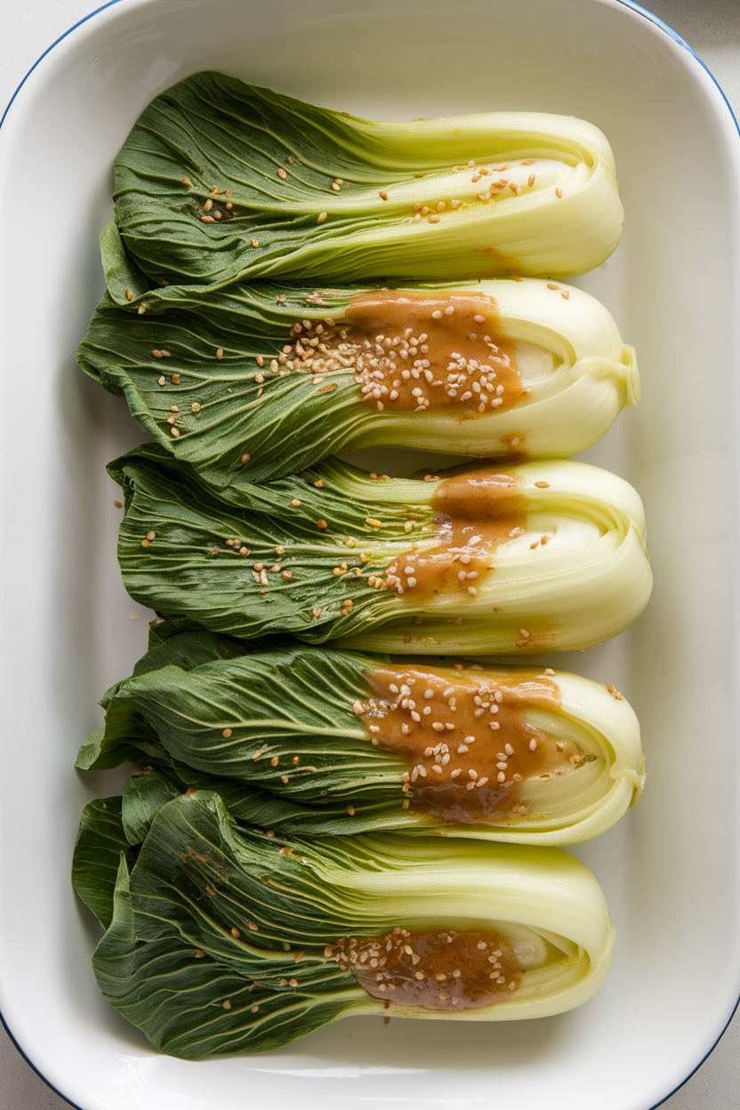 Halved baby bok choy glazed with sesame-ginger sauce on a white indoor platter; sesame seeds sprinkled, no text or logos. Photo only.