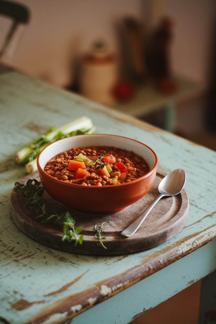 Indoor photo of a bowl of hearty lentil soup with carrots, celery, and tomatoes on a rustic table; no text or logos