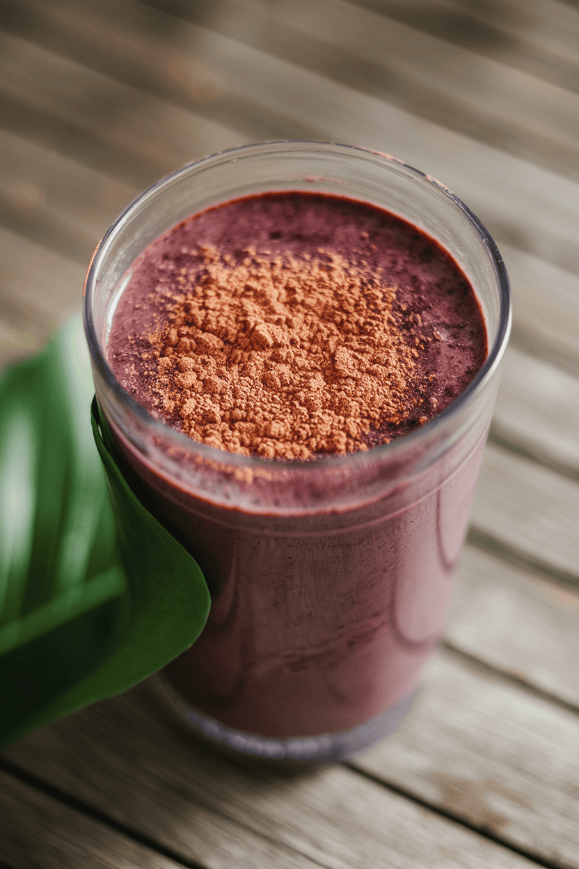 Indoor blender cup filled with dark purple smoothie topped with cocoa powder dusting, no text