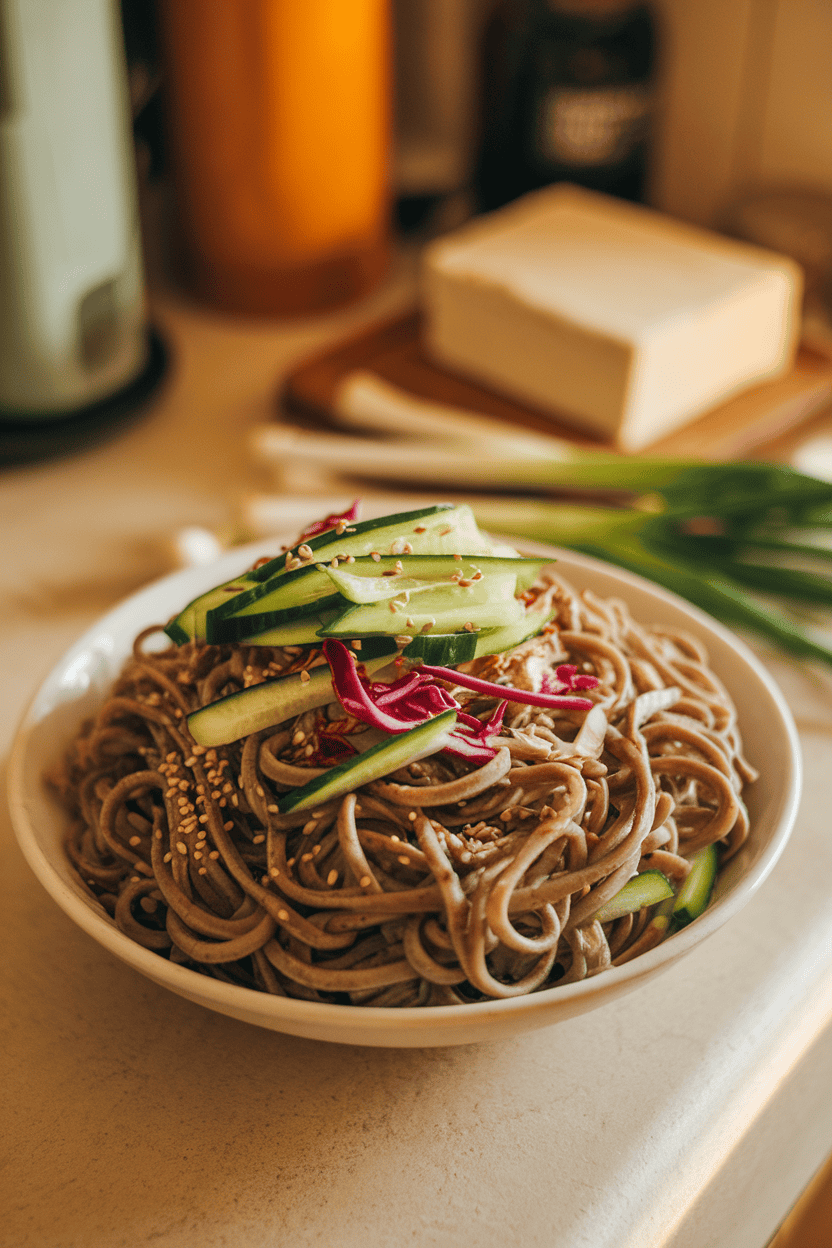Indoor kitchen counter shot of chilled soba noodles tossed with julienned cucumber, shredded red cabbage, and sesame seeds, lightly dressed; no logos.