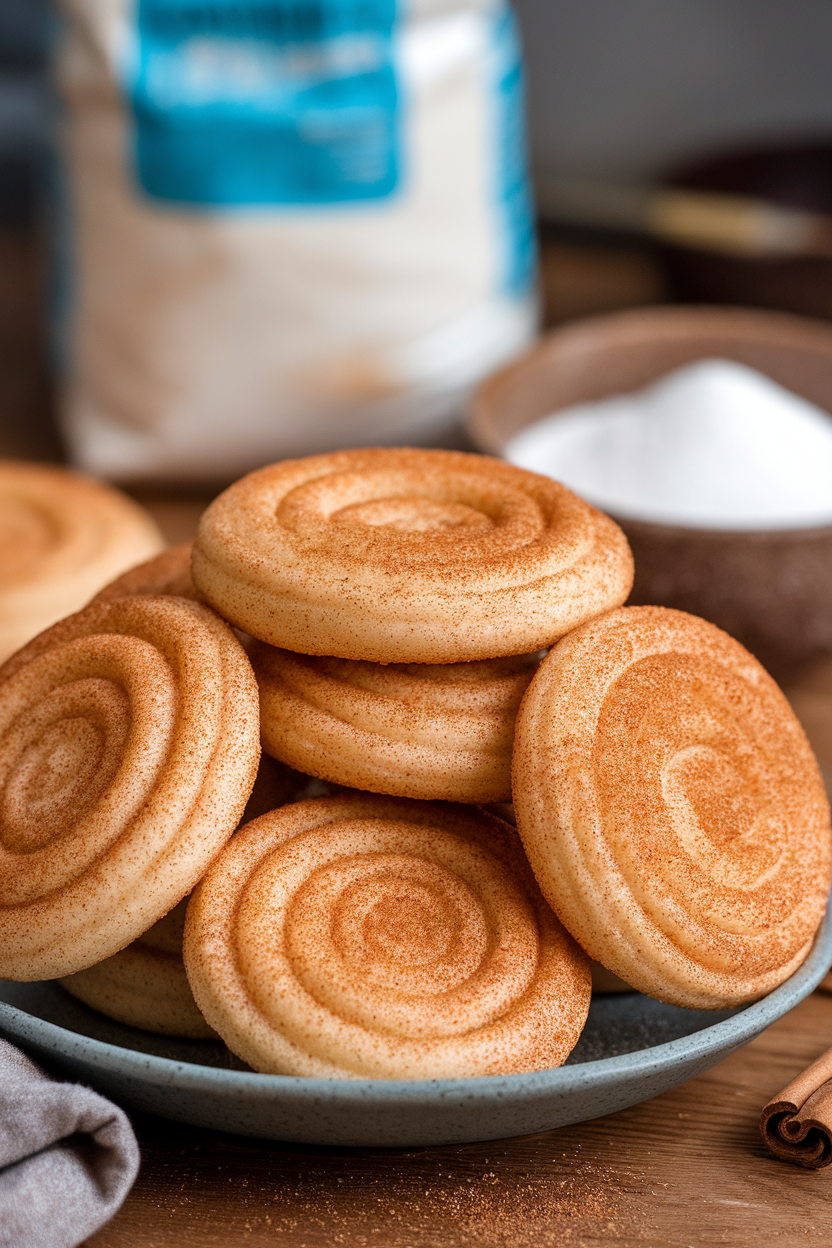 An indoor plate stacked with soft snickerdoodles dusted generously in cinnamon coconut sugar, slight crackle on top. No text or logos.