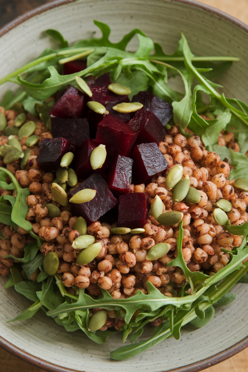 Indoor photo of a mixed grain salad featuring chewy rye berries, diced fermented beets, arugula, and pumpkin seeds on a ceramic plate. No text or logos.