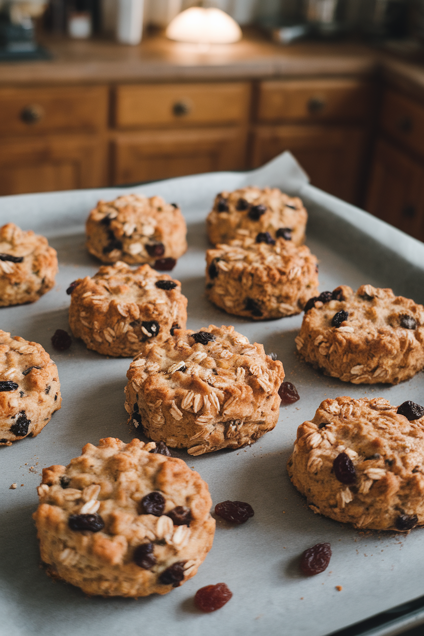 Photo of rustic drop biscuits featuring visible oats and raisins, cooling indoors on parchment. No text or logos present.