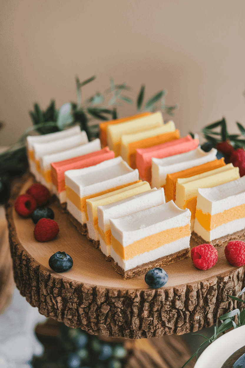 Indoor dessert board featuring tri-layer cheesecake bars in white, orange, and yellow, cut into neat rectangles. No text or logos.