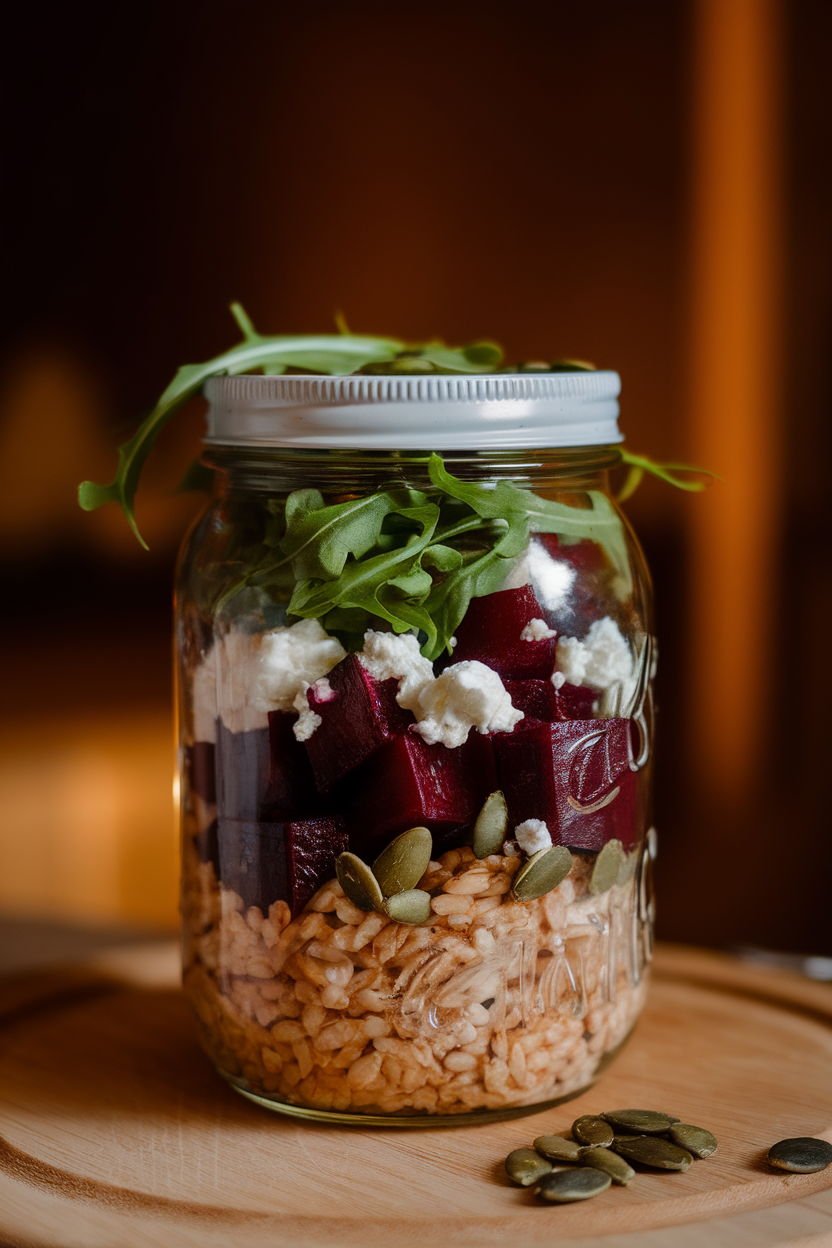 Indoor photo of a mason jar layered with cooked farro, roasted beet cubes, arugula, crumbled goat cheese, and pumpkin seeds. Warm ambient light, no text or logos.