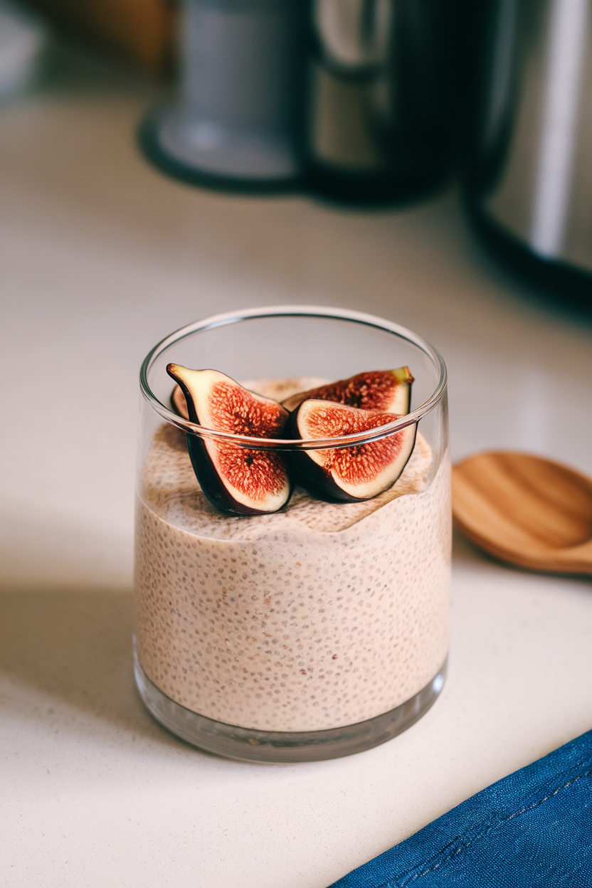 A clear glass on an indoor countertop layered with vanilla chia pudding and sliced fresh figs. Photo only, no text or logos.
