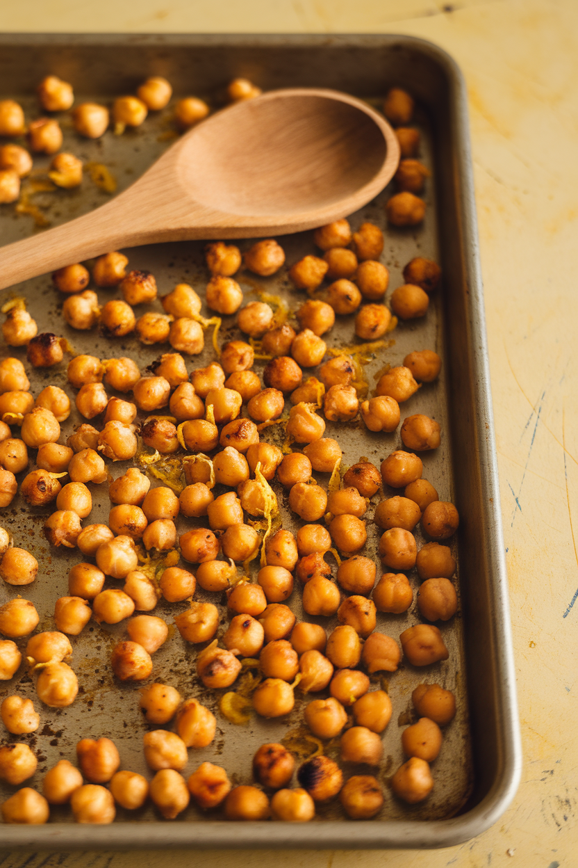 Indoor photo of a baking tray full of crispy roasted chickpeas seasoned with garlic and lemon zest, a wooden spoon resting nearby. No text or logos.