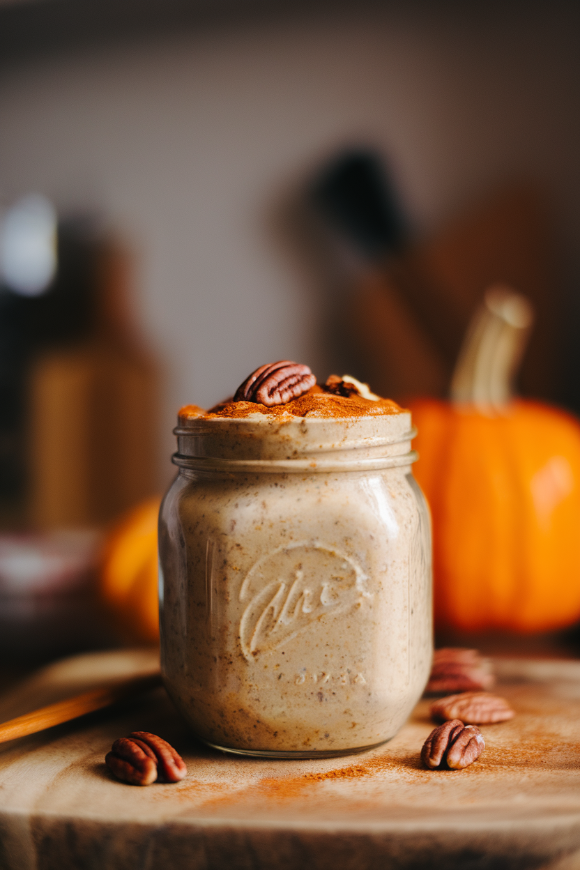 Indoor jar of pumpkin overnight oats topped with pecans and a dusting of cinnamon, soft fall-toned lighting. No text or logos.
