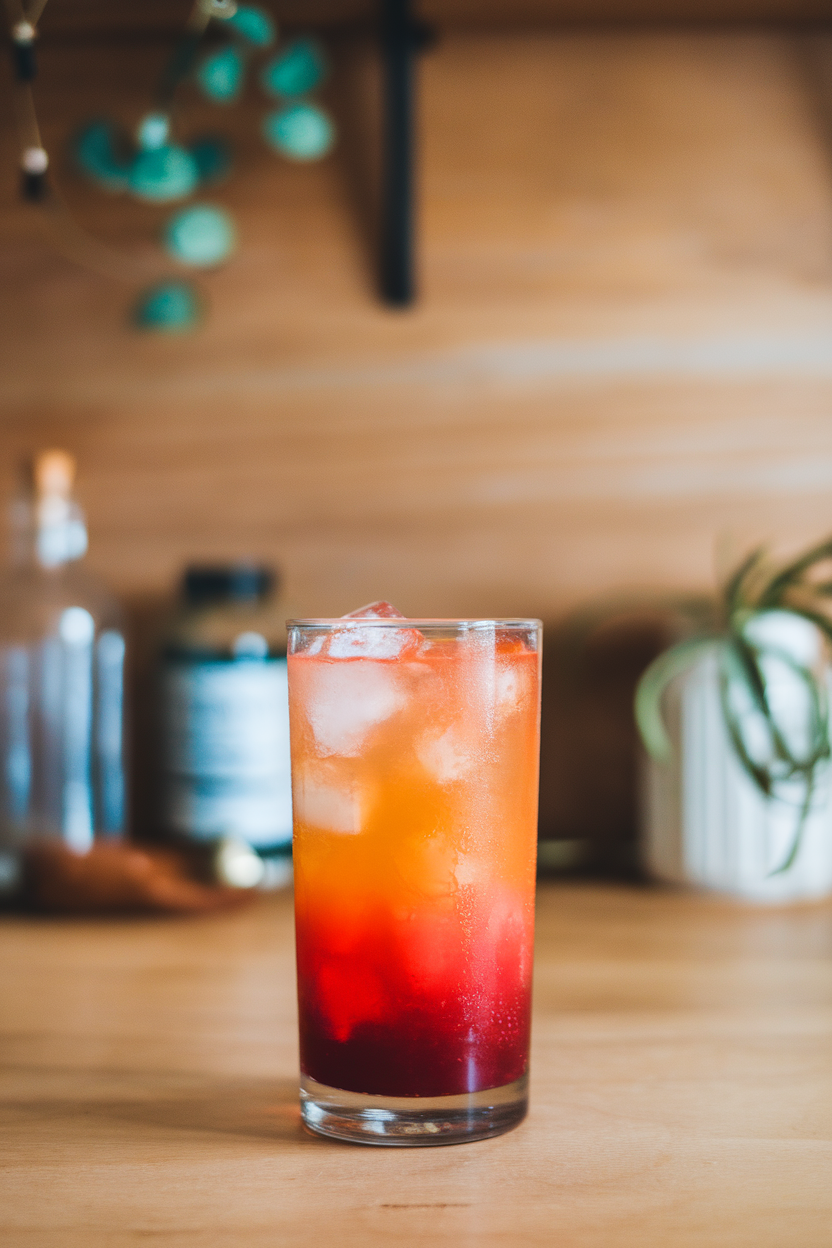 Indoor photo of ombré mocktail transitioning from deep red at the base to bright orange on top in a highball glass. No text or logos present.
