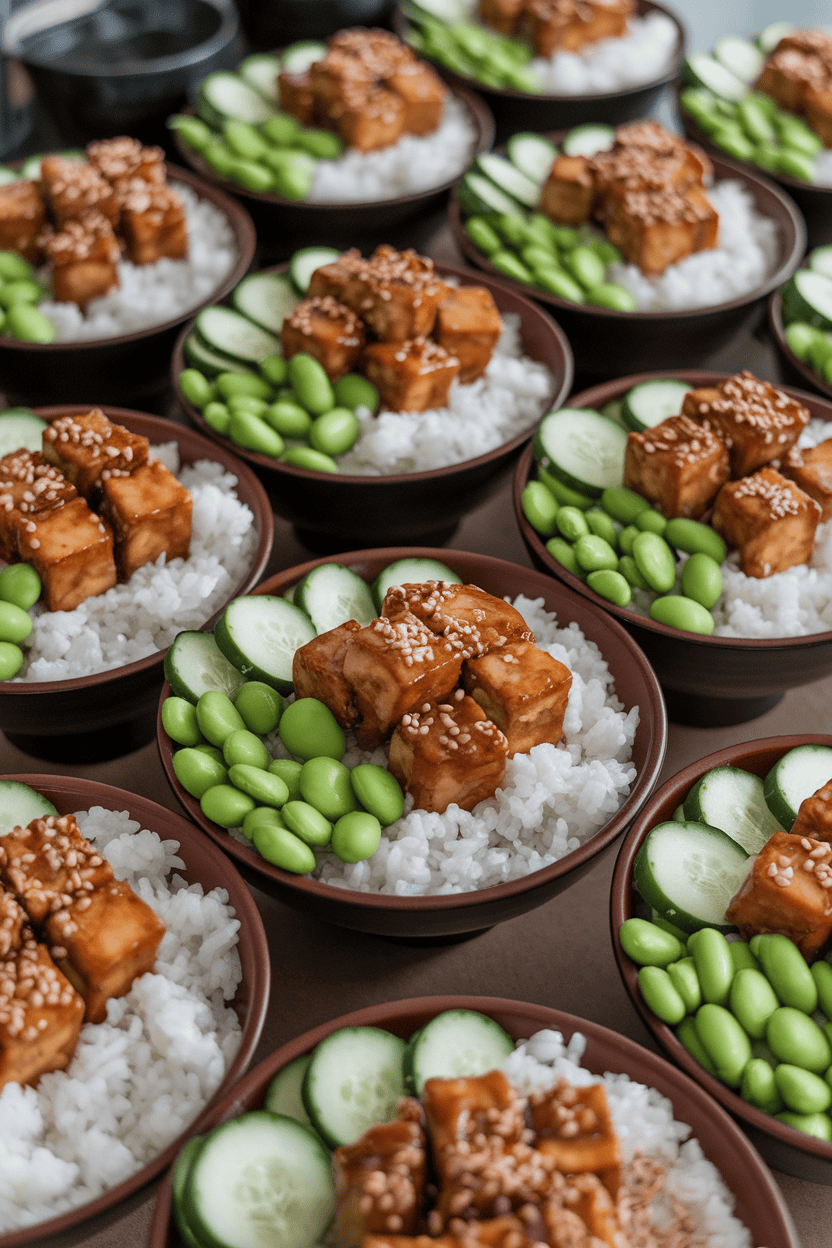 Indoor photo of rice bowls topped with glazed tofu cubes, edamame, sliced cucumbers, and sesame seeds, vibrant and neatly arranged. No text or logos anywhere.
