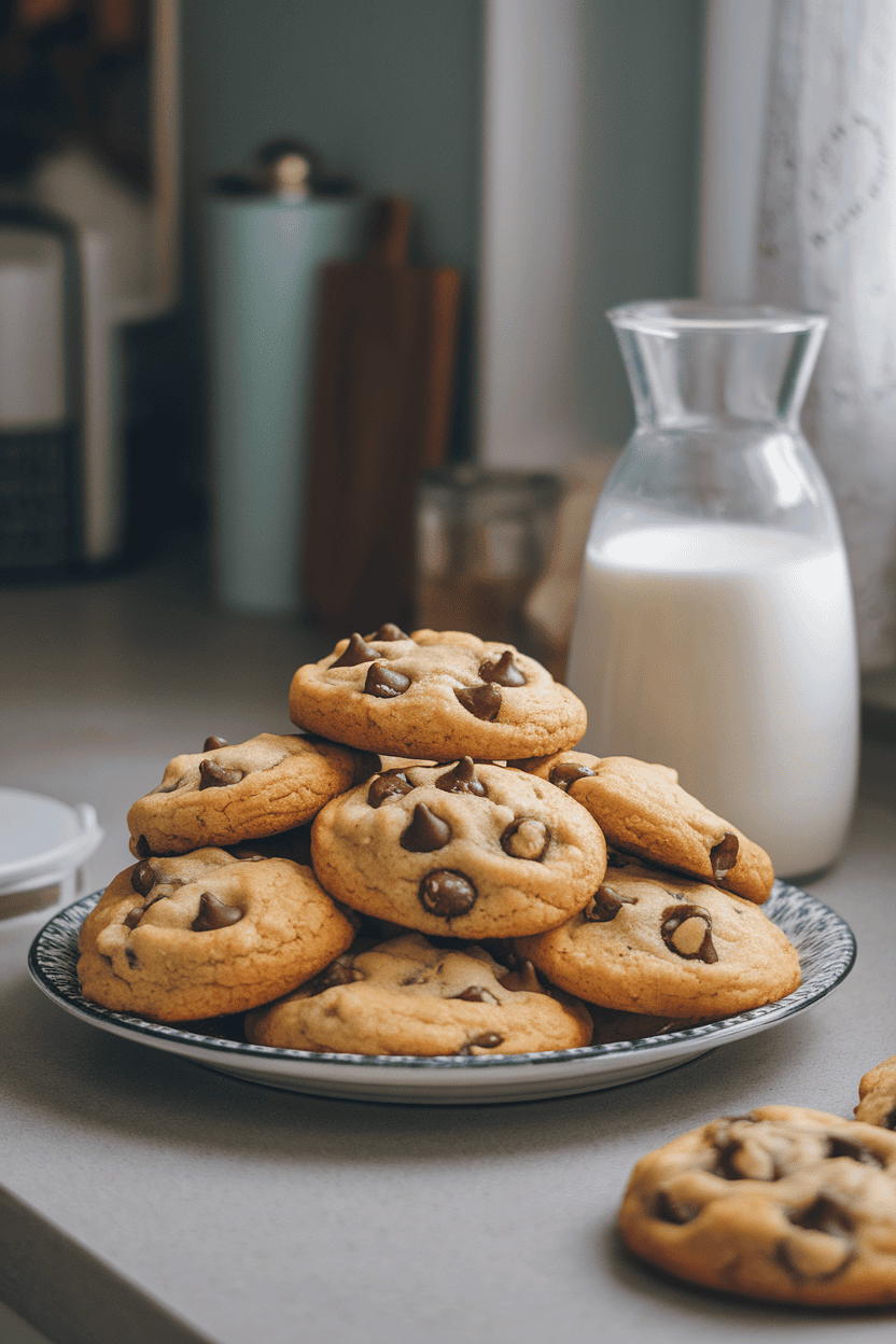 Photo of a plate piled high with golden chocolate chip cookies on an indoor countertop beside a carafe of milk. No logos or text appear.