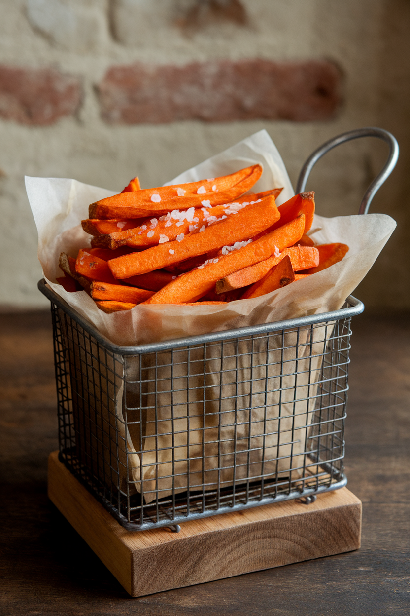 Indoor metal basket lined with parchment, piled high with baked sweet potato fries sprinkled with sea salt and smoked paprika. No text or logos.