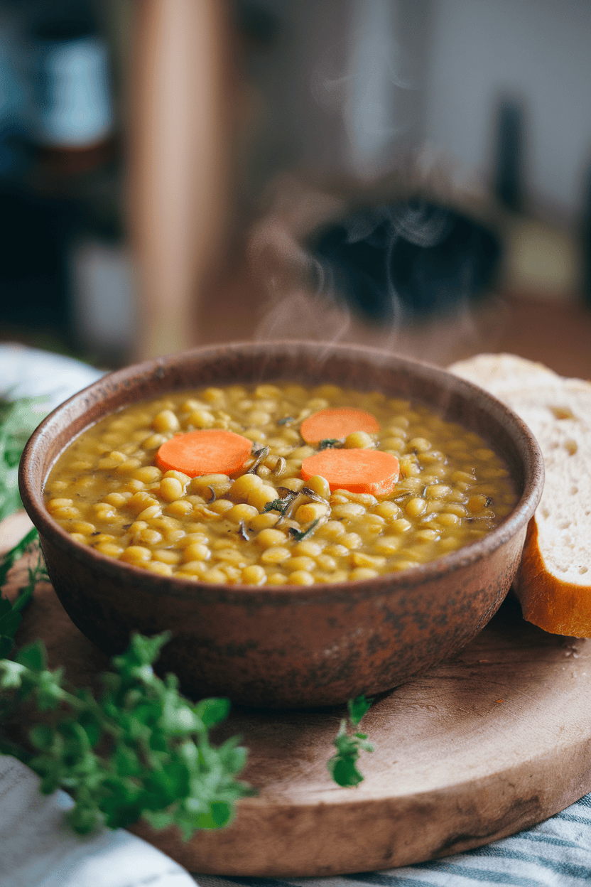 Indoor photo of a rustic bowl filled with thick split pea soup dotted with carrot rounds, steam visible, no text or logos.