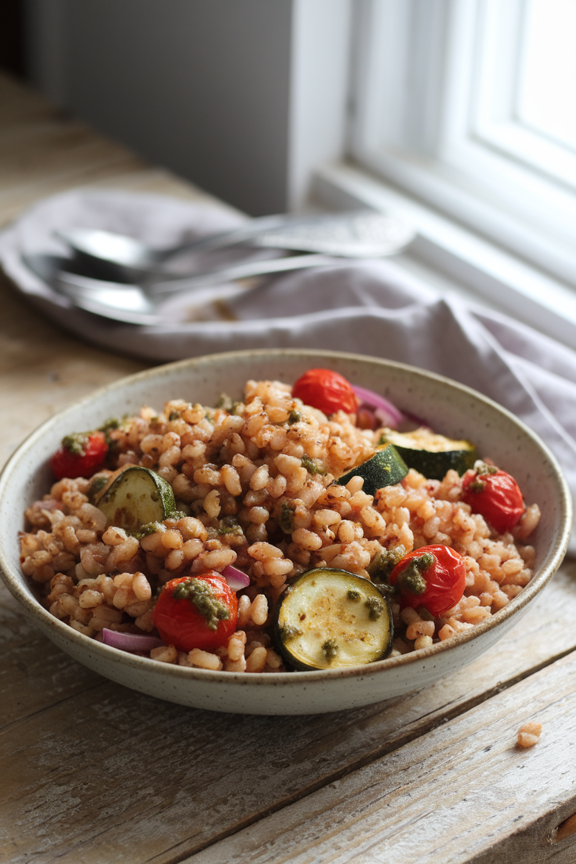 Indoor photo of a shallow bowl filled with cooked farro, roasted zucchini, cherry tomatoes, and red onion, drizzled with pesto; no text or logos present.