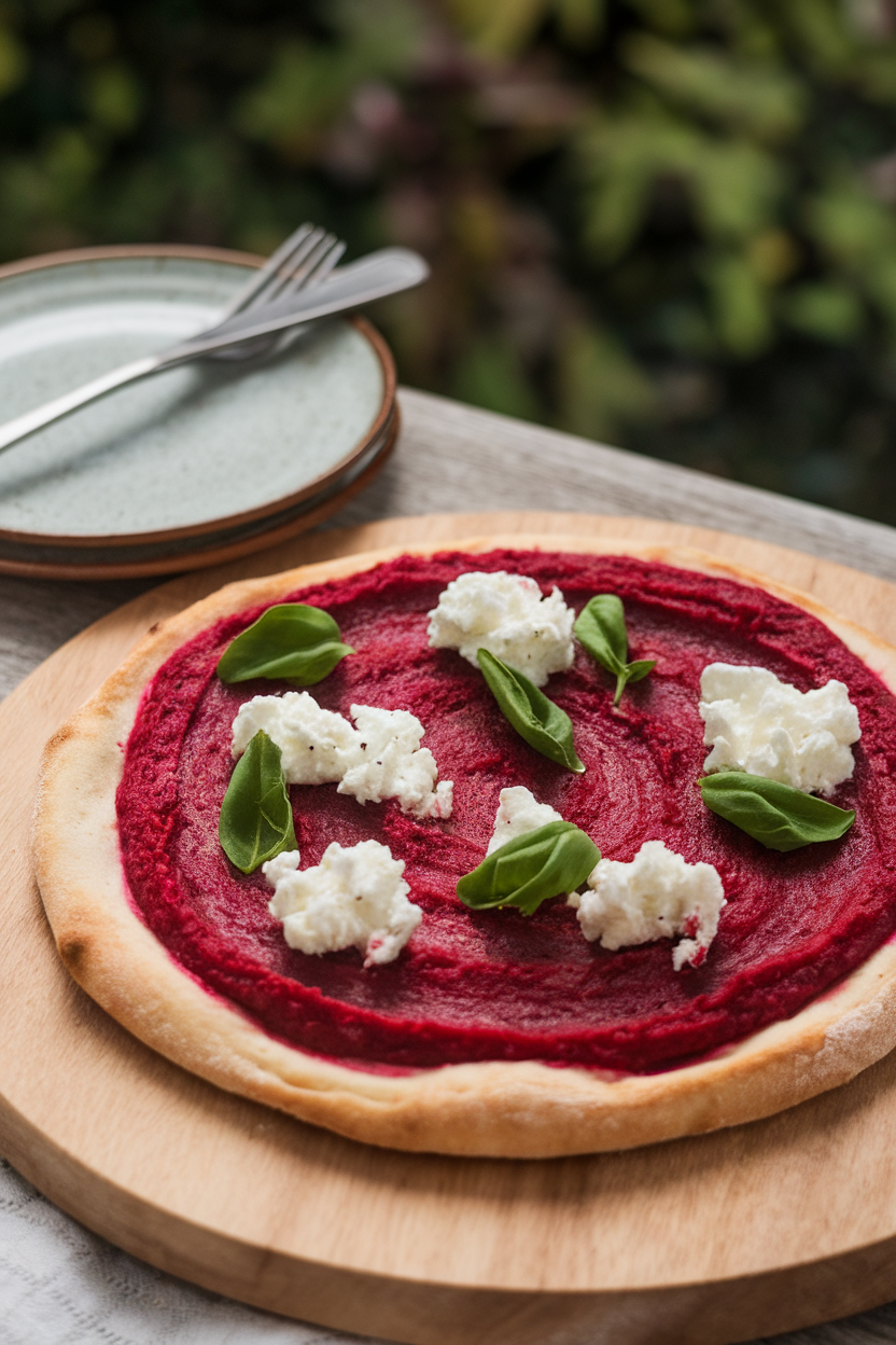 An indoor plate with a beet-purée pizza dripping down the edges like blood, dotted with snow-white goat cheese. Photo only, no text or logos.