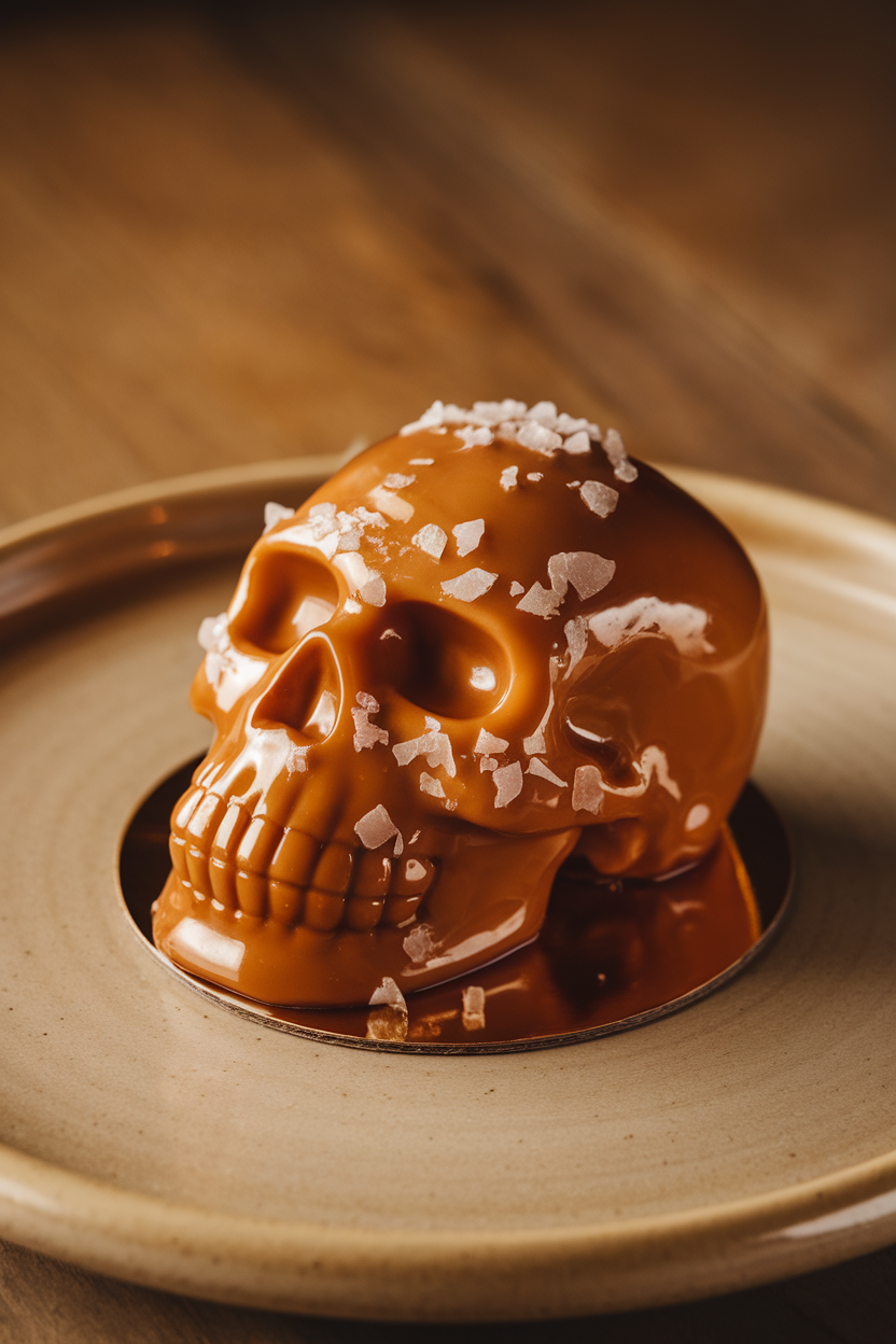 Indoor photo of a small skull-shaped cake coated in glossy caramel, flakes of sea salt sparkling under warm light. No text or logos.