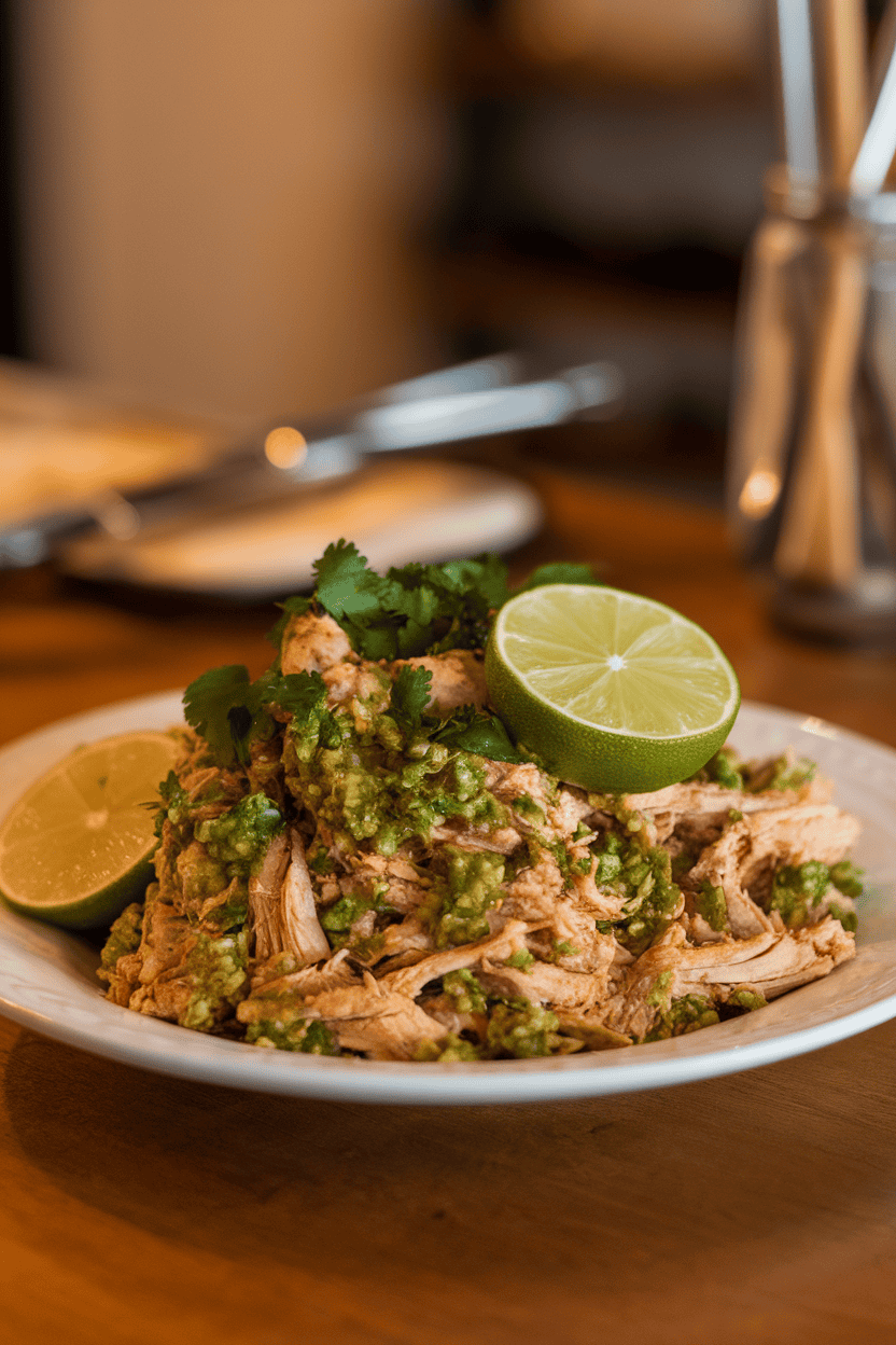 A white plate on an indoor table holding shredded chicken coated in green salsa, garnished with lime wedges and chopped cilantro. No text or logos visible.