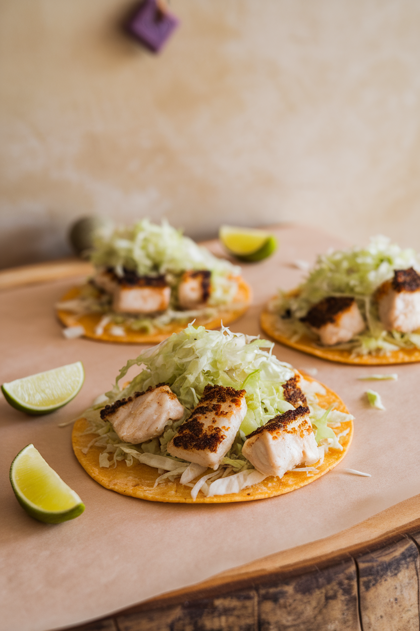 An indoor tabletop with corn tortillas holding blackened white fish chunks and crunchy cabbage slaw, lime wedges placed nearby. Photo only, no text or logos.