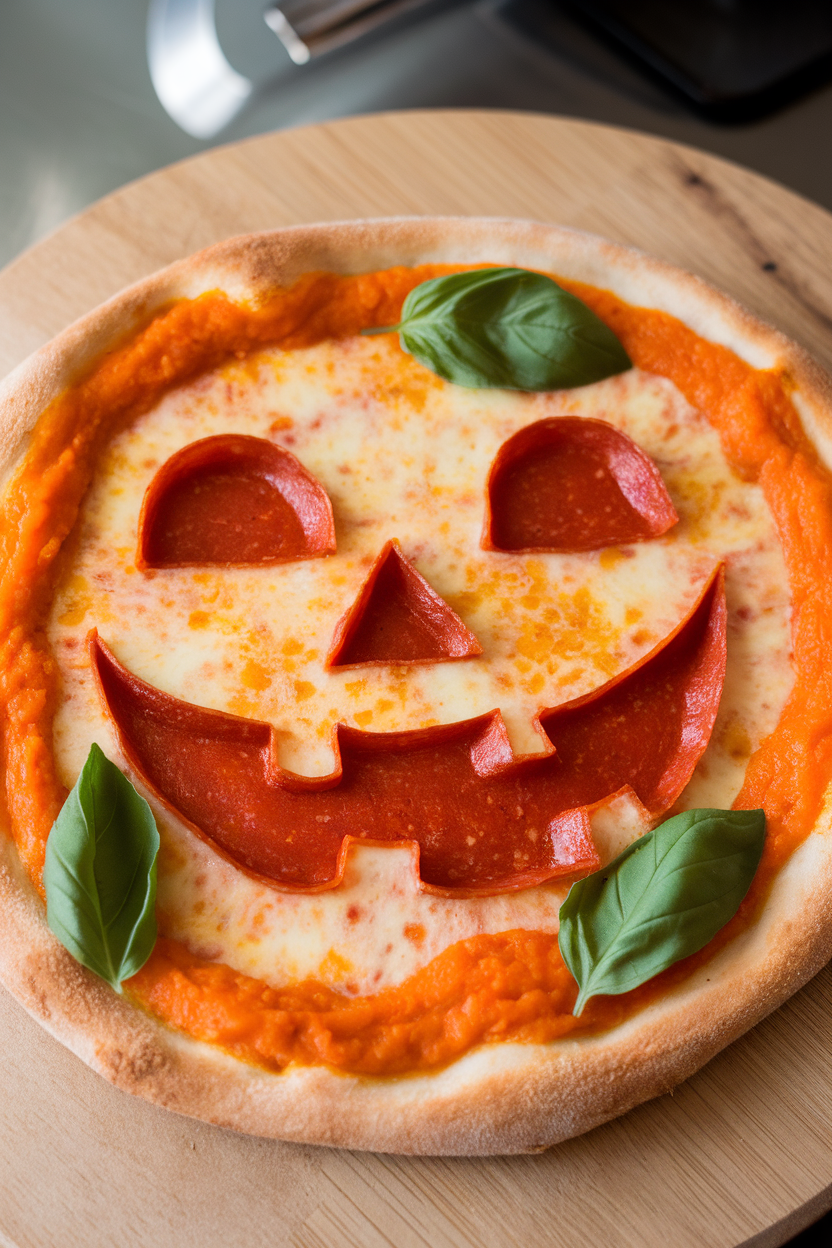 An orange bell-pepper purée–sauced pizza carved with pepperoni facial features to look like a jack-o’-lantern. Indoor photo, no text or logos.