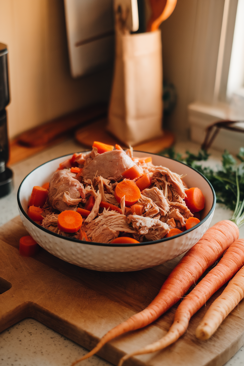 Photo of an indoor kitchen counter with a serving bowl of shredded turkey thighs mingled with carrots and parsnips; no text or logos