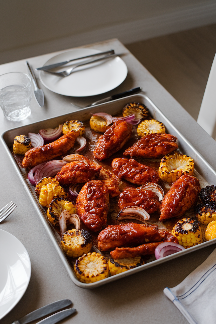 A sheet pan on an indoor dining table loaded with barbecue-coated chicken breast strips, charred corn rounds, and red onion wedges. Golden tones from overhead lighting, no branding or text. Photo.