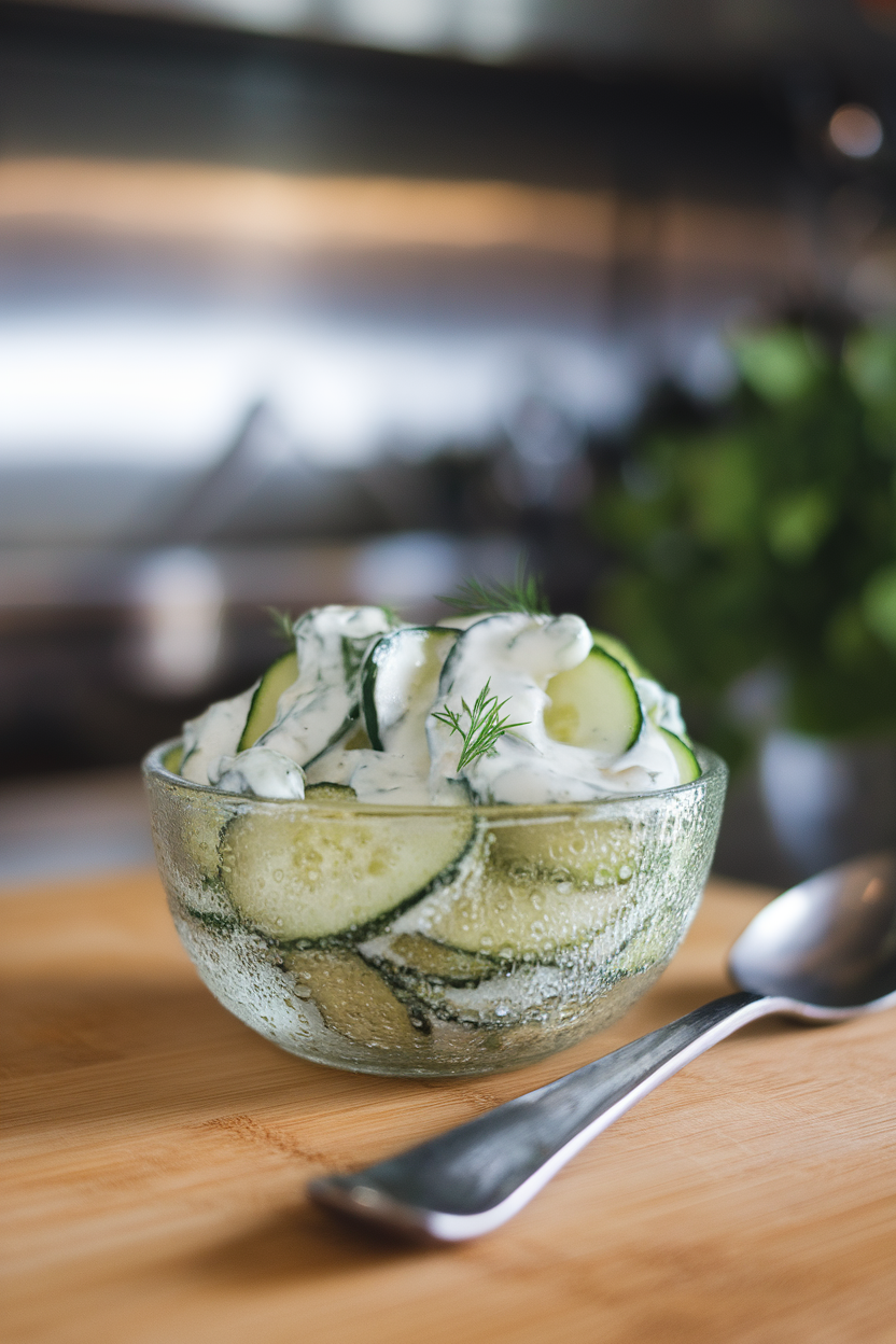 Indoor small bowl of thin cucumber rounds coated in creamy dill dressing, chilled condensation visible. Photo, no text or logos.
